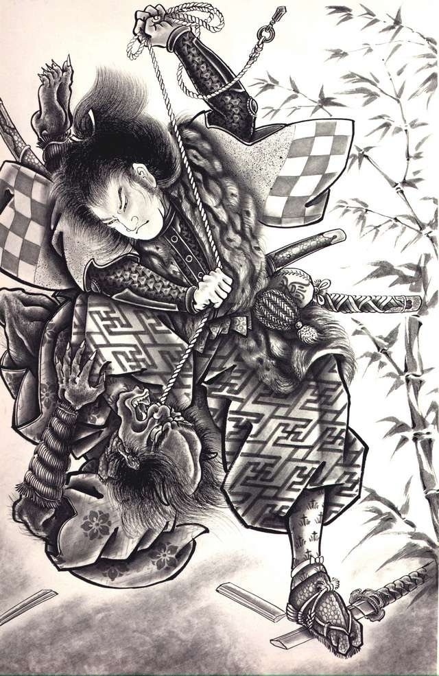Drawing for a male tattoo with Japanese martial motifs