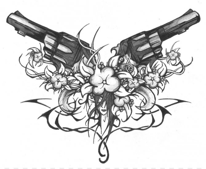 Drawing for a tattoo in the form of a gun and flowers - a feminine variation of boldness