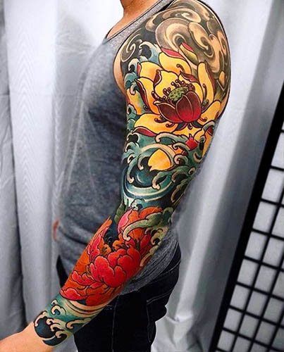 Sleeve in Japanese style. Tattoo sketches, black and white, color