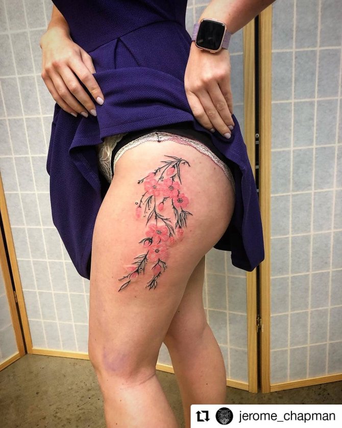 Sexy Cherry Blossom Thigh Tattoo on Women's Thigh
