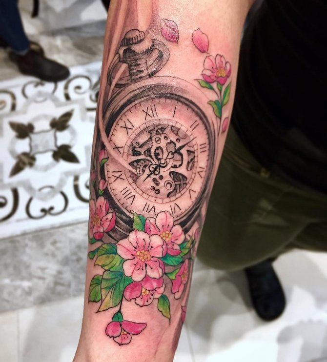 Chic Tattoo of Cherry Tree and Pocket Watch