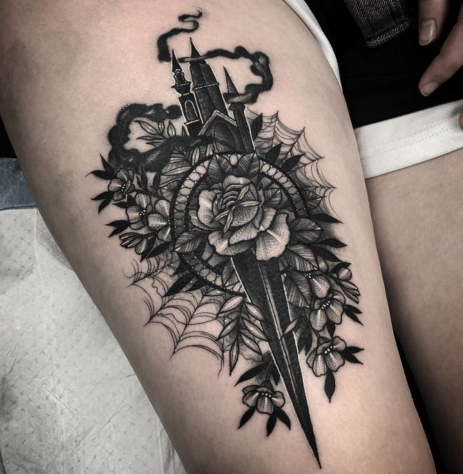 Fairytale Dagger and Flower Tattoo