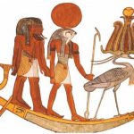 Sacred barque of the ancient Egyptians. Fragment of mural painting