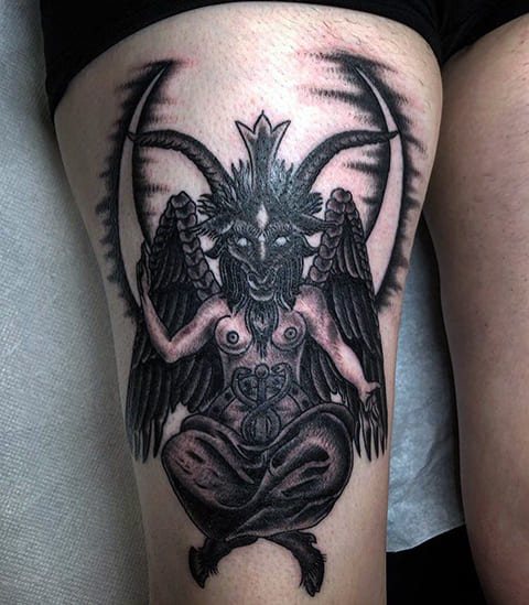 Baphomet tattoo on legs