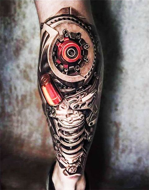 Tattoo of biomechanics on a man's leg