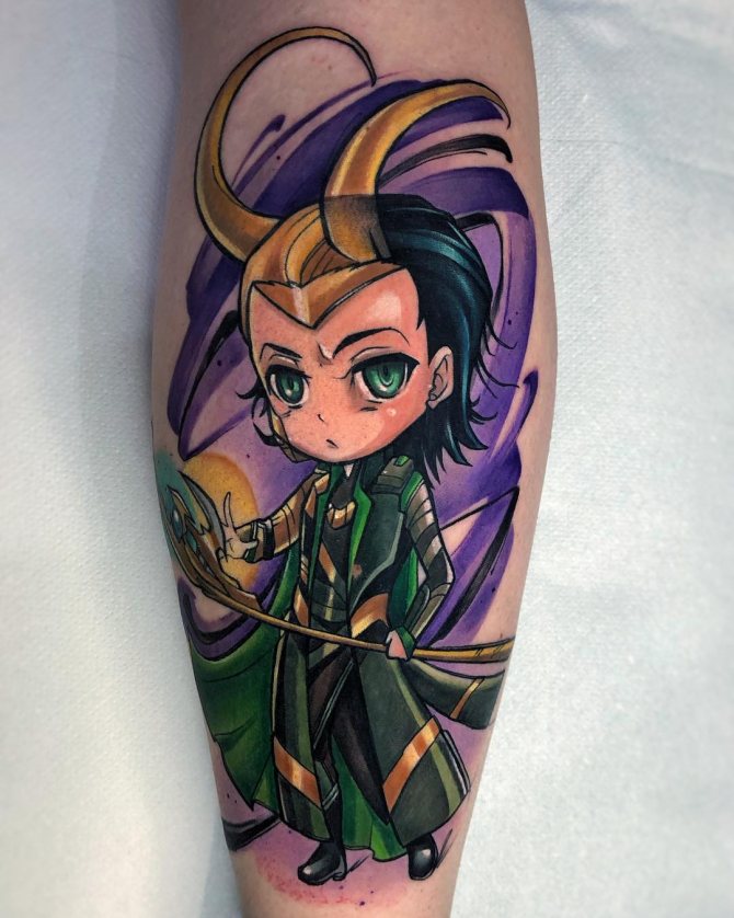 Tattoo of the God Loki on his leg