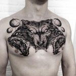 Tattoo Cerberus as a graphic on his chest