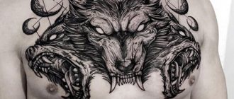 Cerberus tattoo in the shape of graphics on the chest