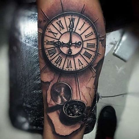 Tattoo of a clock and compass