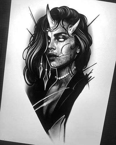 Tattoo girl with horns. Sketches, meaning