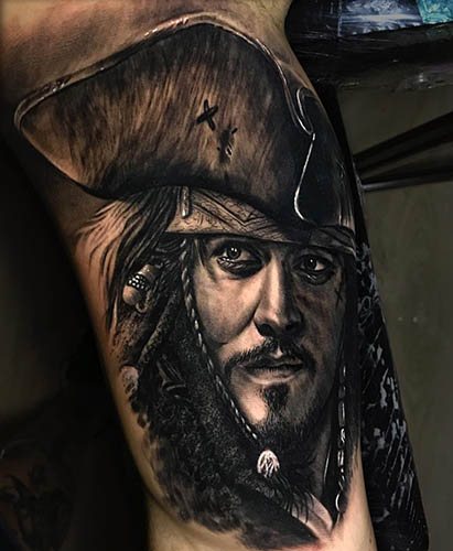 Tattoo of Jack Sparrow on the arm, back, shoulder. Photo, meanings