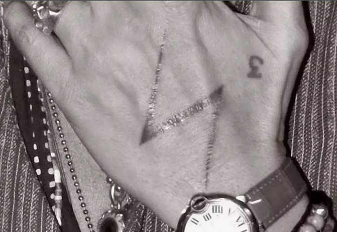 Tattoo Johnny Depp. Pictures on his arm, back, hand