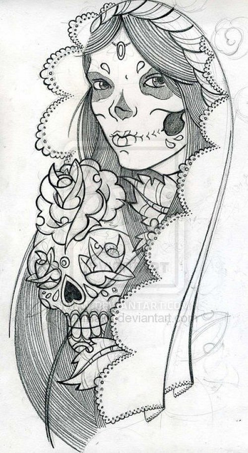 Tattoo sketches on the arm black and white men, a bride with a skull