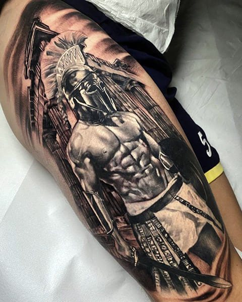 Tattoo of a gladiator on his thigh