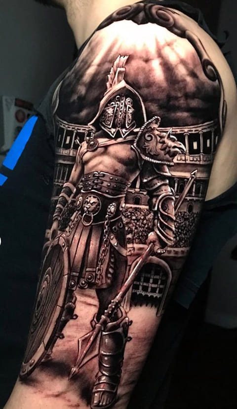Tattoo gladiator on his arm