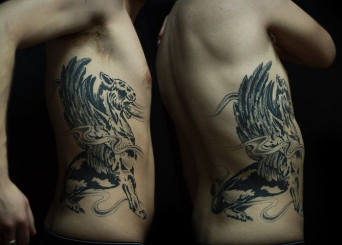 Tattoo gryphon on the man's side