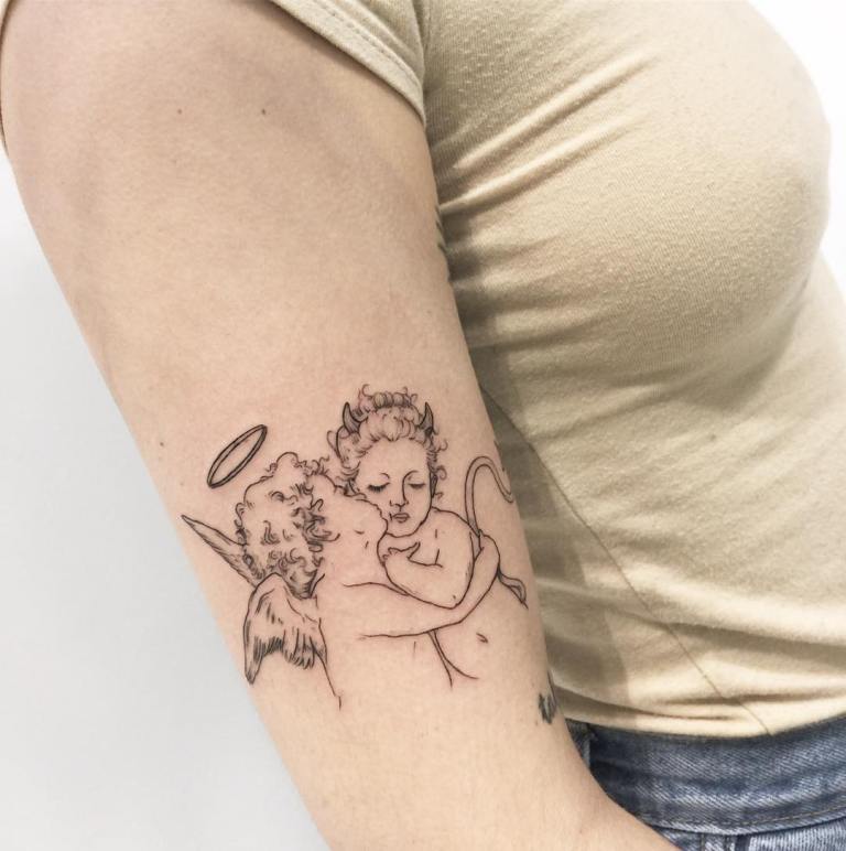Tattoo of a Cherub and a Little Devil