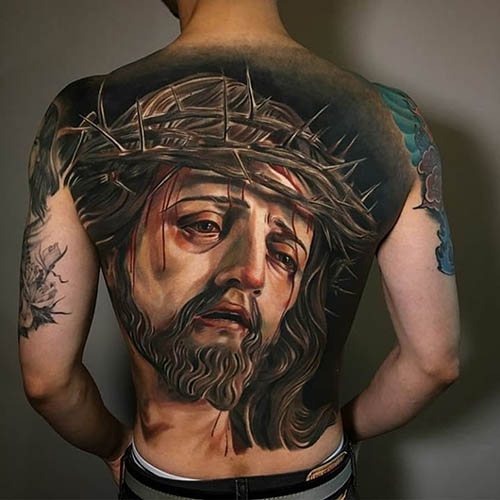 Tattoo Jesus on arm, back, shoulder, sternum. Meaning, on the cross, with the devil, machine, dove