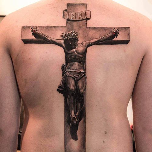 Tattoo Jesus on the arm, back, shoulder, chest. Meaning, on the cross, with the devil, machine, dove