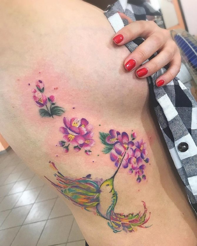 Tattoo hummingbird with flowers
