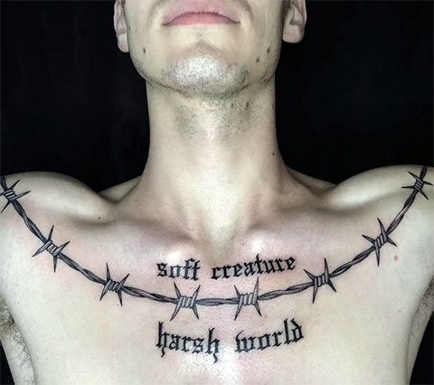 Barbed wire tattoo on chest, collarbones and shoulders - photo