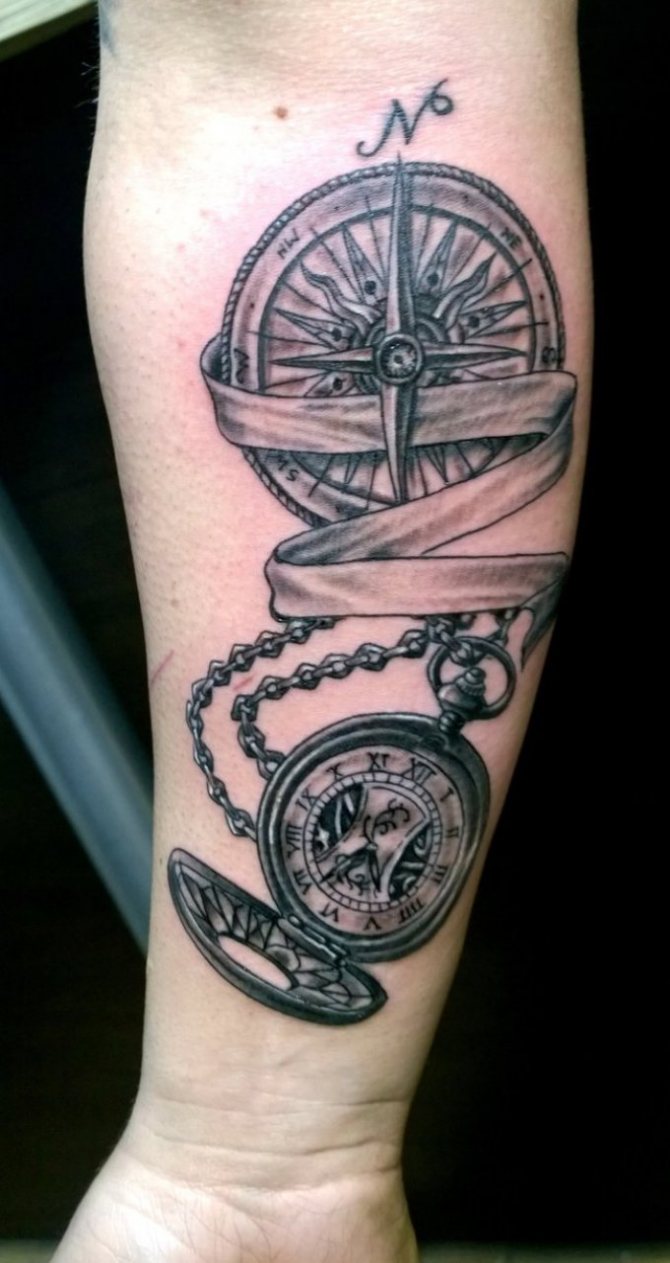 Tattoo of a compass and watch: meaning, male and female sketches