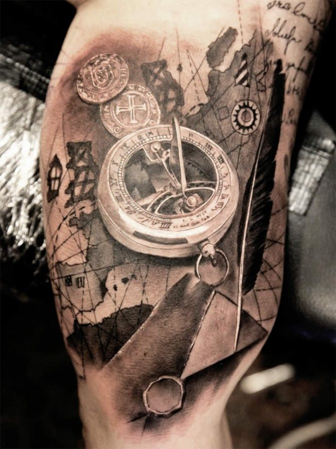 Tattoo compass and map: meaning, male and female sketches