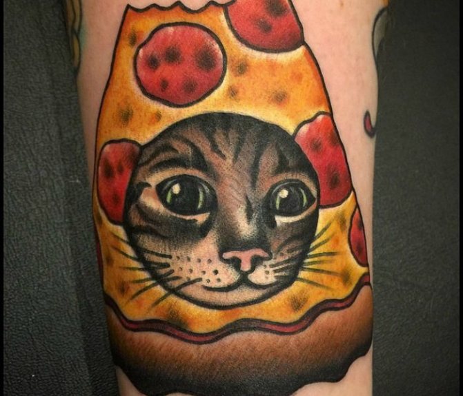 pizza cat tattoo on the arm