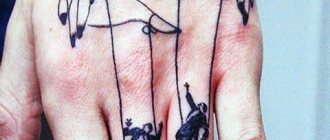 Tattoo of puppeteer and puppets on his hand