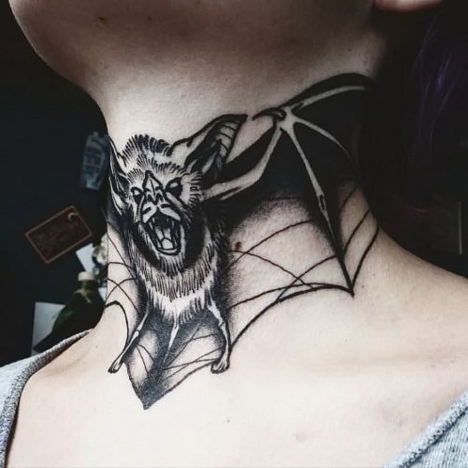 Blackwork Bat Tattoo on Neck
