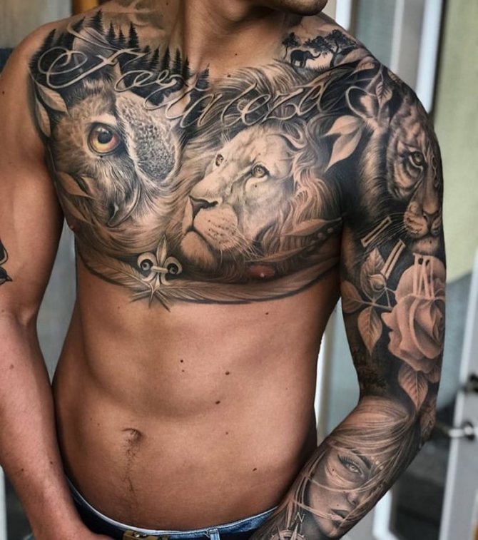 Tattooed lion and owl