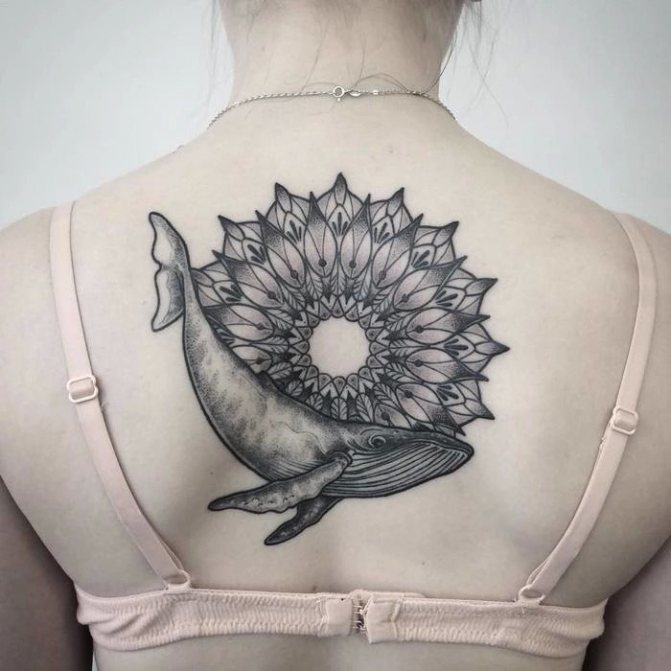 tattoo mandala on his back with a whale