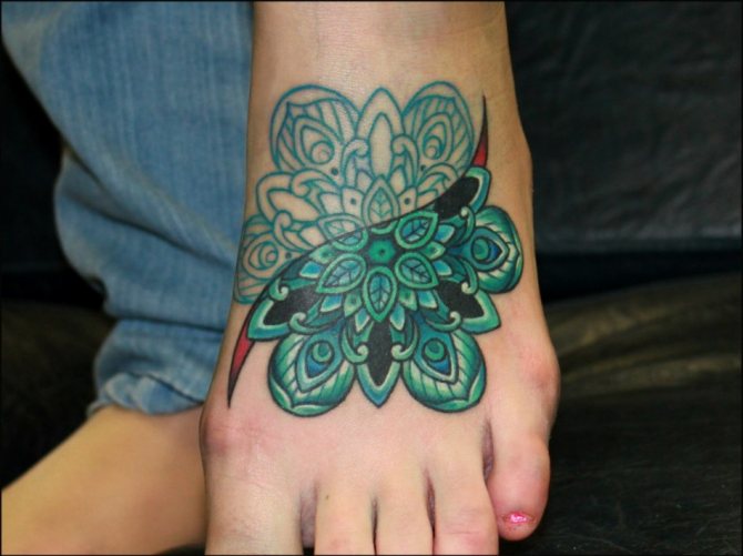 Tattoo mandala on the foot symbolizes space