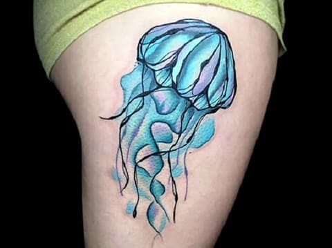 Tattoo Jellyfish on a girl's thigh