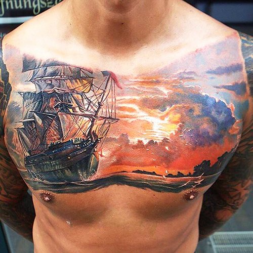 Tattoo nautical theme. Photos, sketches, sleeve on the leg, arm, calf, back, wrist, meaning