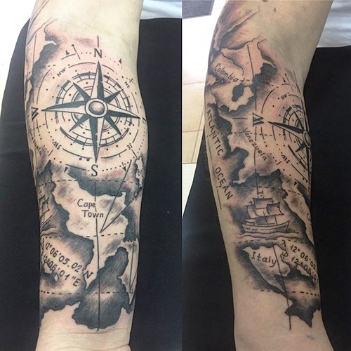 Tattoo nautical theme. Photos, sketches, sleeve on the leg, arm, calf, back, wrist, meaning