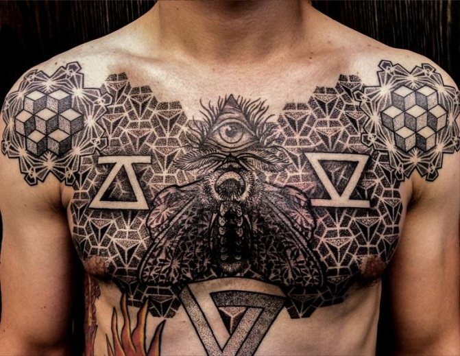 Tattoo male black and white on the chest 3d all-seeing eye