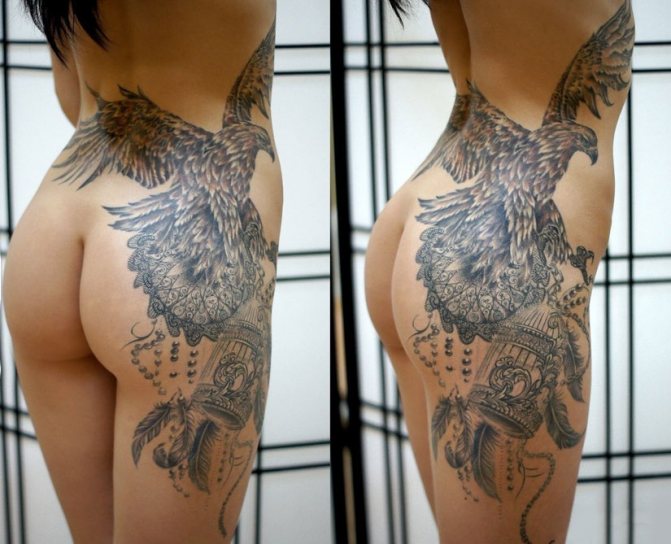 Tattoo across the thigh on the buttock