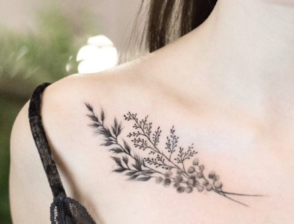 Tattoo on the collarbone for girls. Sketches, female calligraphy, patterns, birds, flowers, stars
