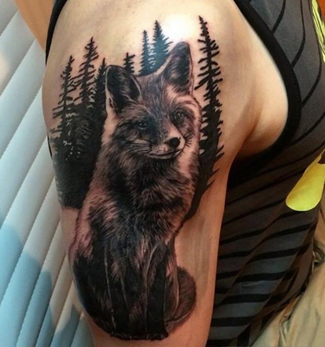 Tattoo on the shoulder fox and woods