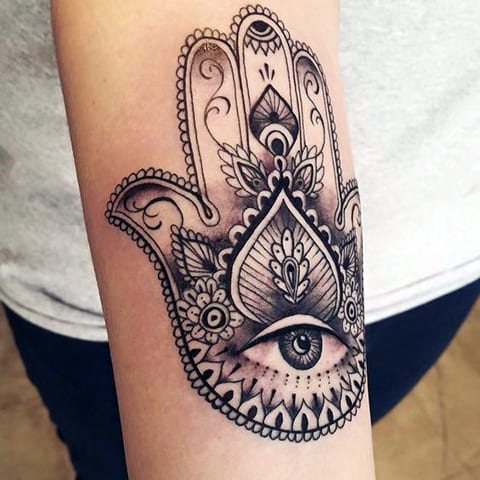 Tattoo of the arm of a hams with an eye