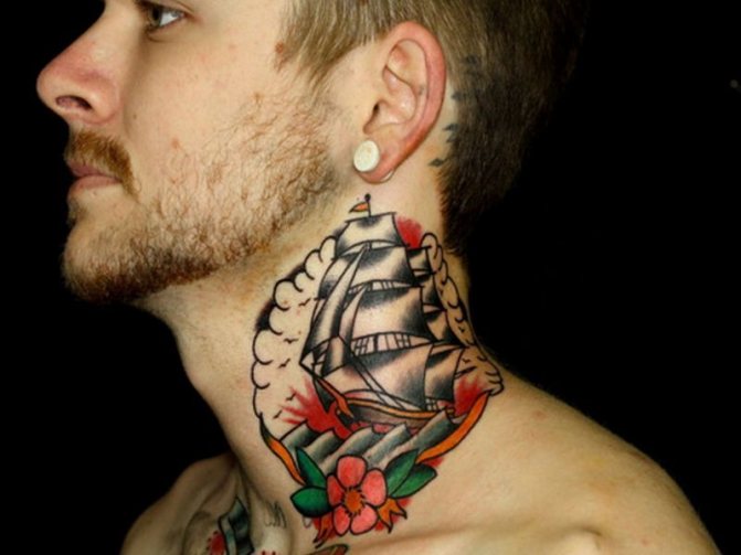 Tattoo on the neck in the shape of a ship