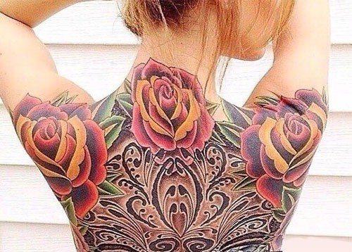 Tattoo on the back of a woman in color