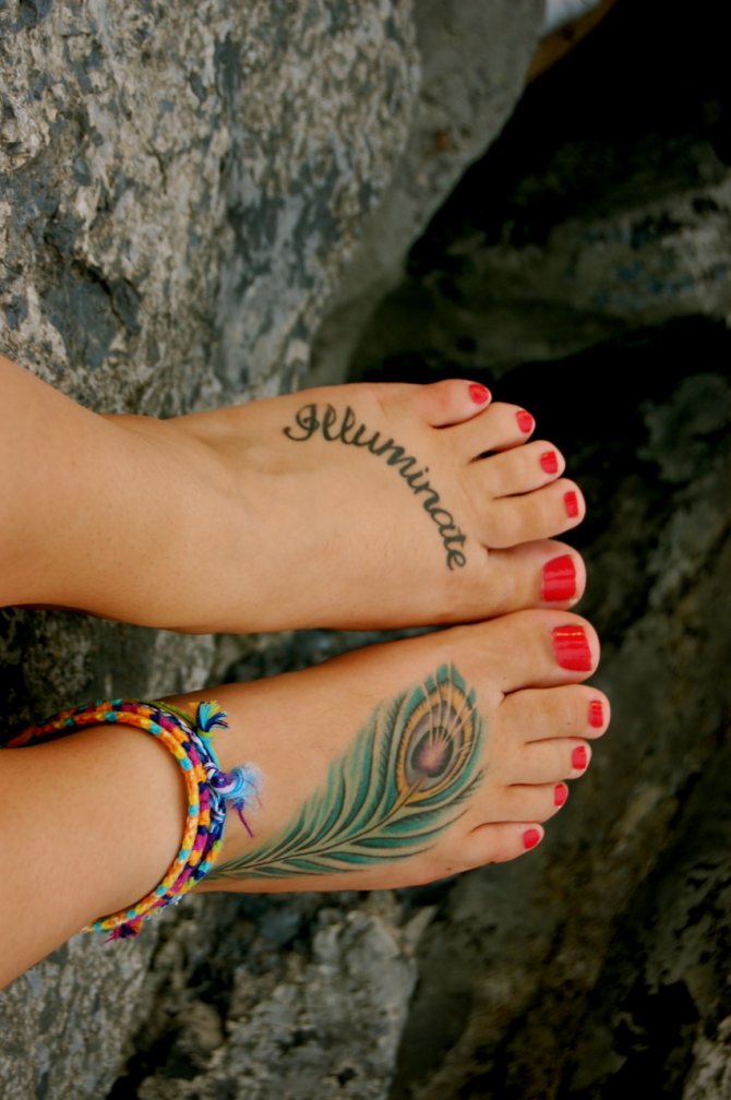 The tattoo inscription on the foot can be located along the toes