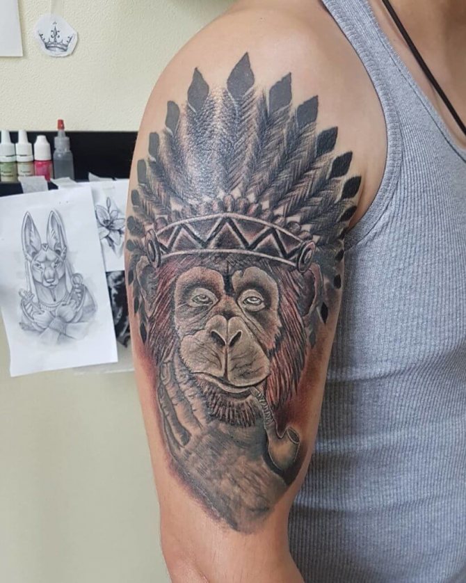 Monkey tattoo with a pipe