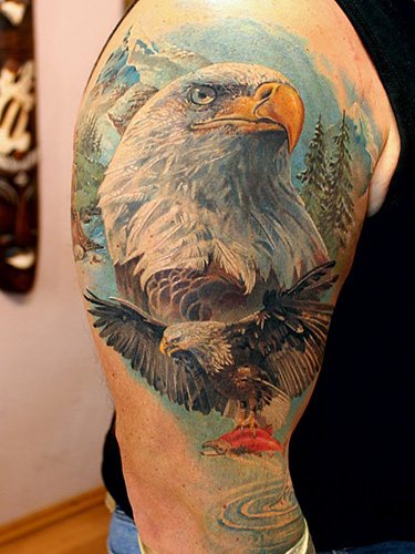 Tattoo of an eagle on the neck, shoulder, chest, arm, back. Sketches, meaning, photo