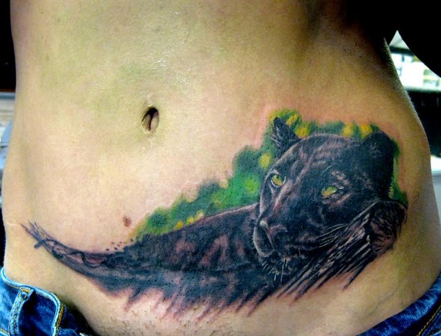 Tattoo of a panther on stomach