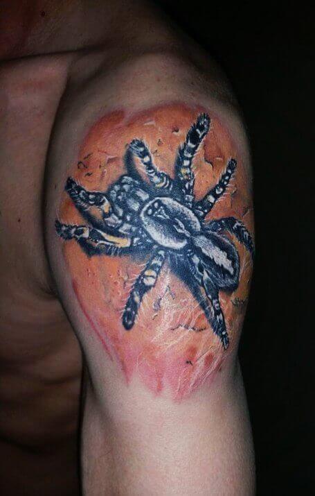 Tattoo of a spider on his shoulder