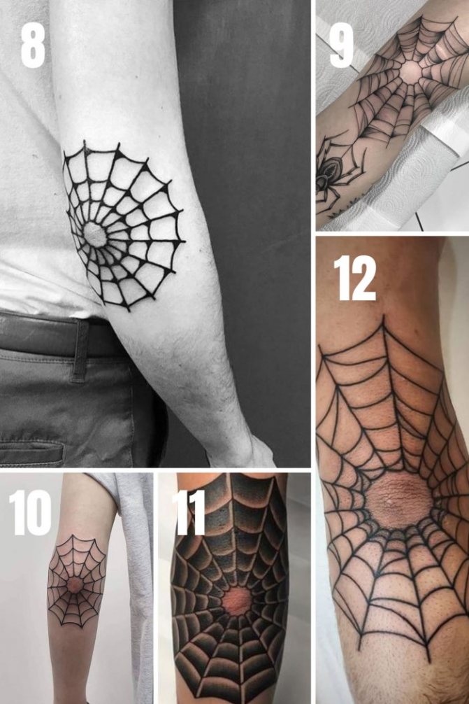 Tattoo spider web on the elbow. Meaning, sketches, photos
