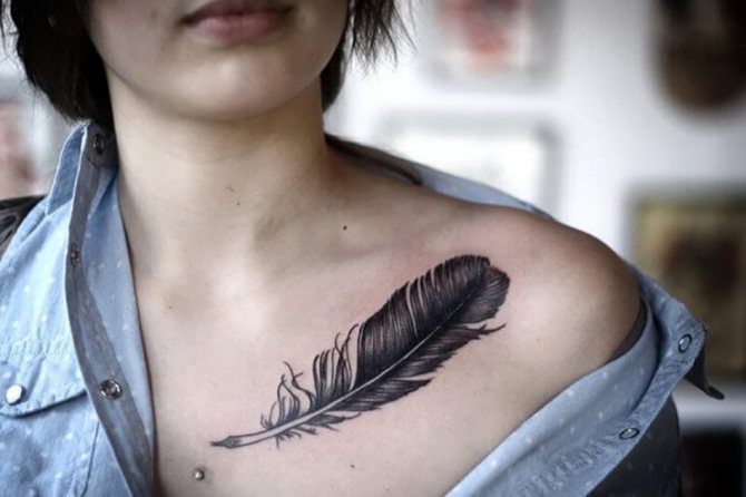Feather tattoo on clavicle - Feminine pen tattoos on clavicle